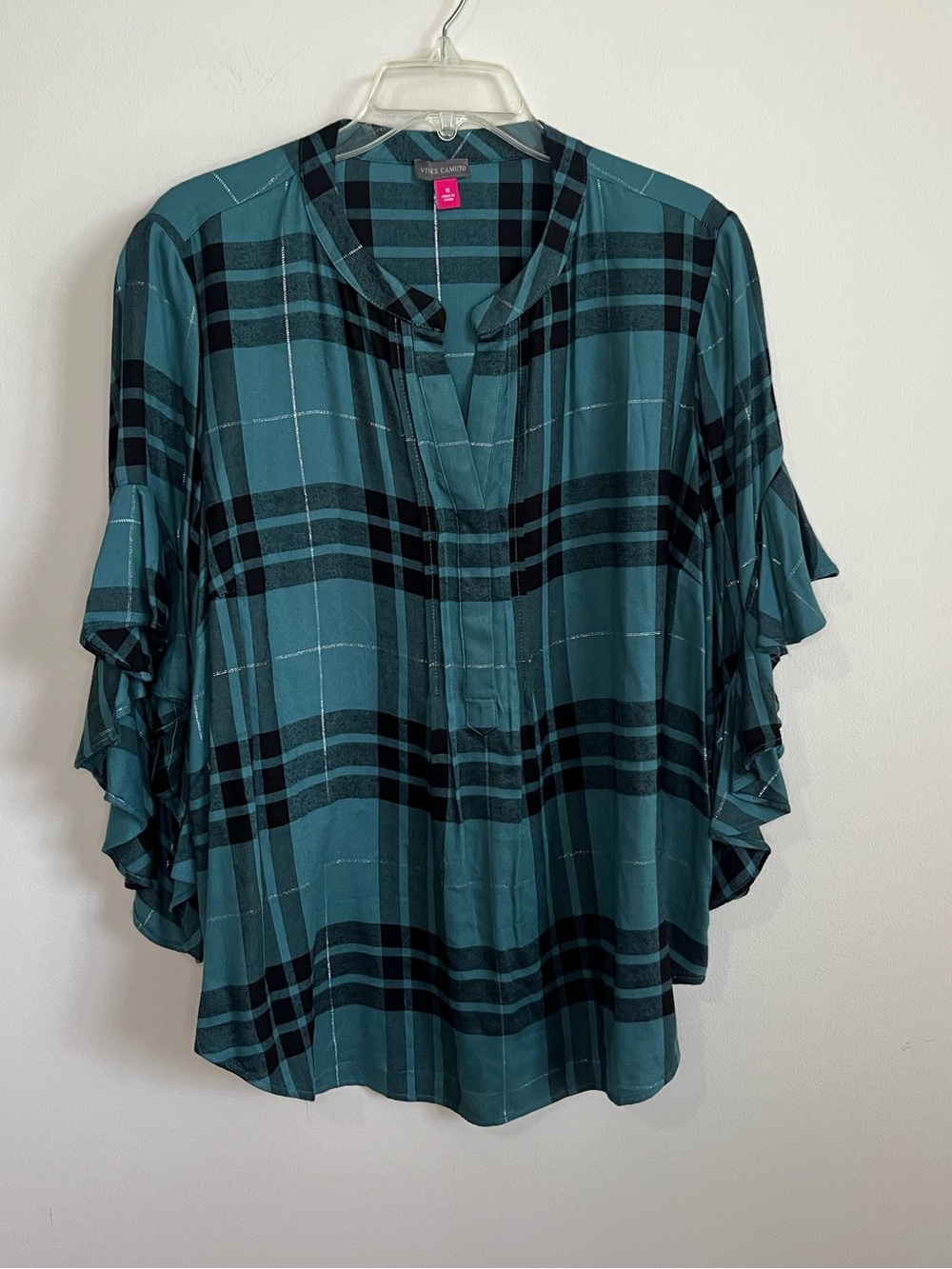 Vince Camuto Teal and Black Plaid Ruffle Sleeve Blouse